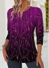 Purple Tummy Coverage Ombre Long Sleeve Split Neck Blouse | thumb picture 