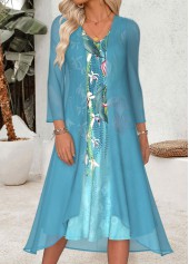 Blue Tummy Coverage Floral Print Dress and Cardigan