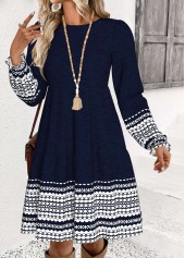Navy Tummy Coverage Striped Long Sleeve Round Neck Dress