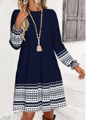 Navy Tummy Coverage Striped Long Sleeve Round Neck Dress | thumb picture 