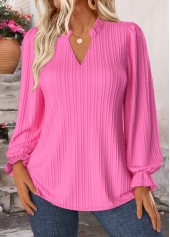 Hot Pink Curved Hem Long Sleeve Split Neck Blouse