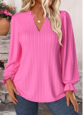 Hot Pink Curved Hem Long Sleeve Split Neck Blouse | thumb picture 