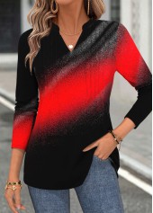 Red Curved Hem Ombre Long Sleeve Split Neck Blouse