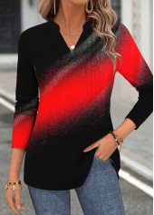 Red Curved Hem Ombre Long Sleeve Split Neck Blouse | thumb picture 