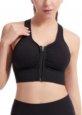 Black Zipper V Neck Sports Bra