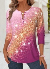 Pink Tummy Coverage Ombre Long Sleeve Split Neck Blouse