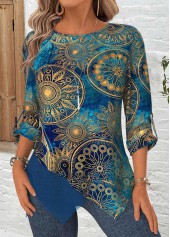 Blue Tummy Coverage Tribal Print Long Sleeve Blouse