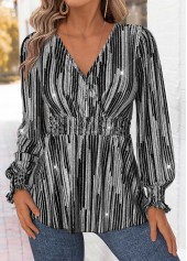 Black Peplum Geometric Print Long Sleeve V Neck Blouse