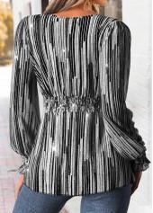 Black Peplum Geometric Print Long Sleeve V Neck Blouse | thumb picture 