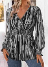 Black Peplum Geometric Print Long Sleeve V Neck Blouse | thumb picture 