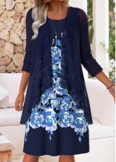 Dark Blue Tummy Coverage Floral Print Dress and Cardigan