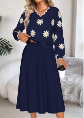 Navy Tummy Coverage Daisy Print Top and Skirt