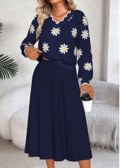 Navy Tummy Coverage Daisy Print Top and Skirt | thumb picture 