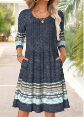 Dusty Blue Tummy Coverage Tribal Print Long Sleeve Dress | thumb picture 