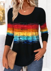 Black Curved Hem Ombre 3/4 Sleeve T Shirt