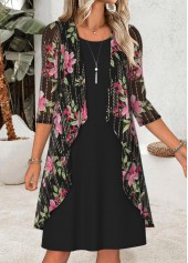 Black Tummy Coverage Floral Print Dress and Cardigan
