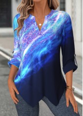 Navy Handkerchief Hem Dazzle Colorful Print 3/4 Sleeve Blouse