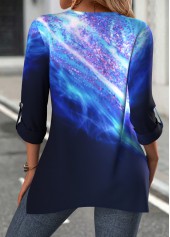 Navy Handkerchief Hem Dazzle Colorful Print 3/4 Sleeve Blouse | thumb picture 