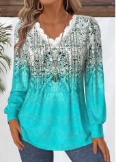 Cyan Tummy Coverage Tribal Print Long Sleeve T Shirt
