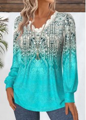 Cyan Tummy Coverage Tribal Print Long Sleeve T Shirt | thumb picture 