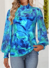 Cyan Patchwork Floral Print Long Sleeve T Shirt | thumb picture 