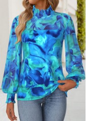 Cyan Patchwork Floral Print Long Sleeve T Shirt