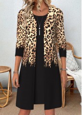 Black Tummy Coverage Leopard Bracelet Sleeve Dress and Cardigan