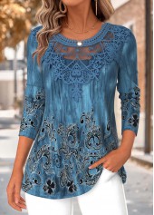 Peacock Blue Tummy Coverage Tribal Print T Shirt