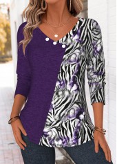 Purple Patchwork Zebra Stripe Print Long Sleeve T Shirt