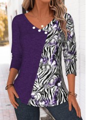 Purple Patchwork Zebra Stripe Print Long Sleeve T Shirt | thumb picture 