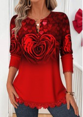Red Tuck Stitch Floral Print Long Sleeve Blouse