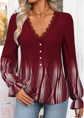 Wine Red Curved Hem Ombre Long Sleeve Blouse