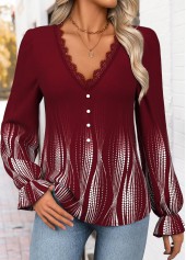 Wine Red Curved Hem Ombre Long Sleeve Blouse | thumb picture 