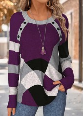 Purple Tummy Coverage Geometric Print Long Sleeve T Shirt
