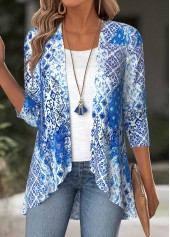 Blue Tummy Coverage Tribal Print Long Sleeve Cardigan