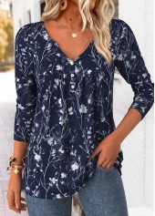 Navy Tummy Coverage Leaf Print Long Sleeve T Shirt