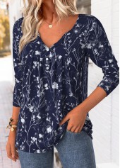 Navy Tummy Coverage Leaf Print Long Sleeve T Shirt | thumb picture 