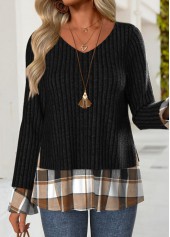 Black Fake 2in1 Plaid Long Sleeve T Shirt | thumb picture 