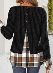Black Fake 2in1 Plaid Long Sleeve T Shirt