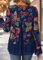 Navy Fake 2in1 Leaf Print Long Sleeve T Shirt