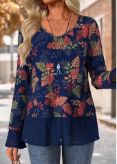 Navy Fake 2in1 Leaf Print Long Sleeve T Shirt | thumb picture 
