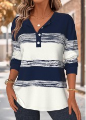 Navy Tummy Coverage Striped Long Sleeve Split Neck Sweatshirt