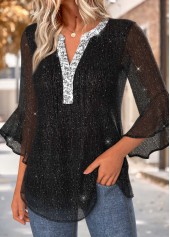 Black 3/4 Sleeve Split Neck Blouse | thumb picture 