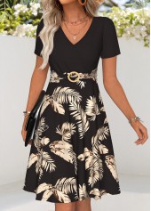 Black Tummy Coverage Leaf Print Short Sleeve Dress