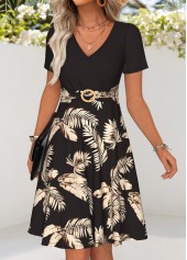 Black Tummy Coverage Leaf Print Short Sleeve Dress | thumb picture 