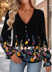 Multi Color Curved Hem Floral Print Long Sleeve Blouse