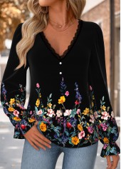 Multi Color Curved Hem Floral Print Long Sleeve Blouse | thumb picture 