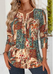 Multi Color Tuck Stitch Tribal Print Long Sleeve Blouse