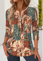 Multi Color Tuck Stitch Tribal Print Long Sleeve Blouse | thumb picture 