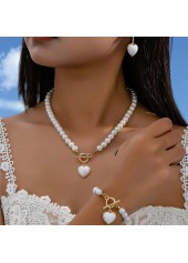 White Heart Alloy Earrings and Necklace and Bracelet